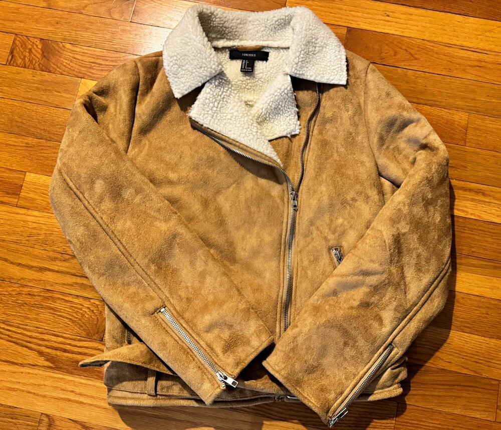 Forever 21 Women’s S Faux Suede Sherpa Lined Moto Aviator Jacket Tan
